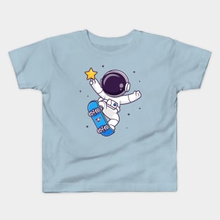 Cute Astronaut Playing Skateboard With Star Cartoon Kids T-Shirt